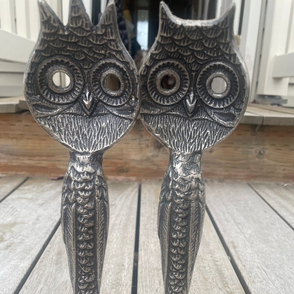 Pottery Barn Metal Owl Stand Up Salad Serving Utensils VINTAGE & RARE